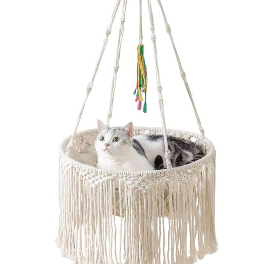 Boho-Relaxation | Hamac suspendu macramé blanc pour chat