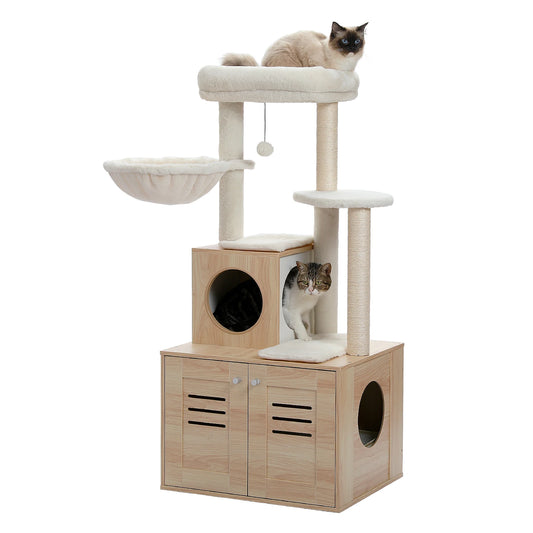 Arbre à chat en bois design luxe avec maison de toilette