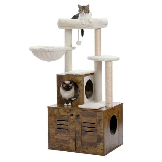 Arbre à chat design meuble de luxe marron en bois avec maison de toilette