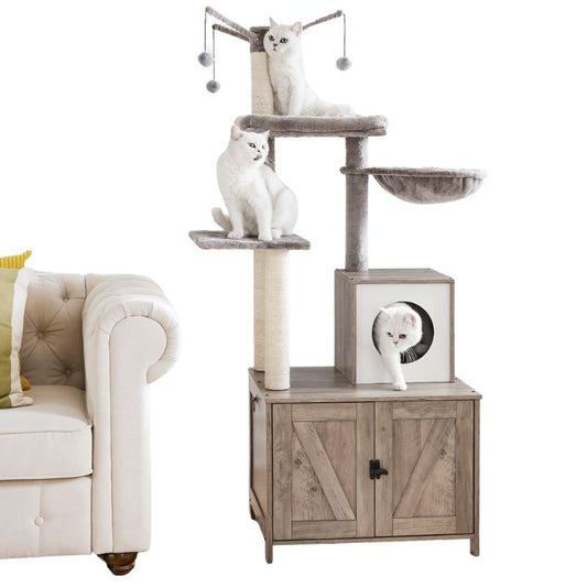 Arbre à chat design meuble de luxe gris en bois avec maison de toilette